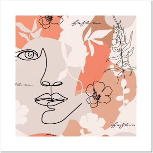 Terracotta background. One line continuous woman face, flowers, leaves and various shapes. Posters and Art